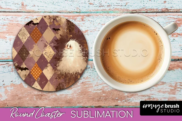 Ghost Coaster, Patchwork Halloween Round Coaster Sublimation