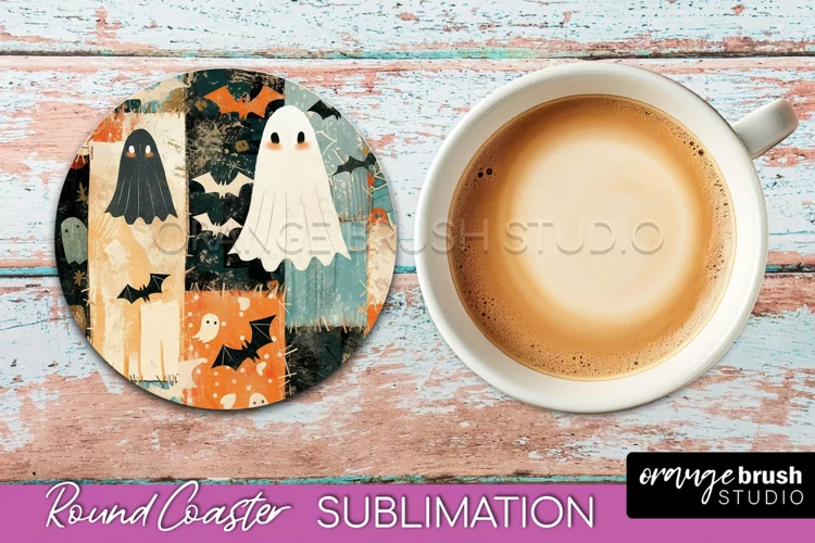 Ghost Coaster, Patchwork Halloween Round Coaster Sublimation