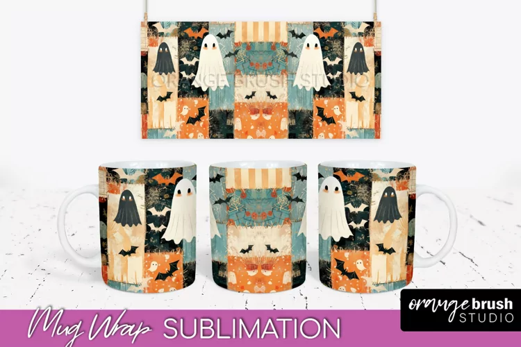 Ghost Mug Wrap - Patchwork Halloween Mug Sublimation