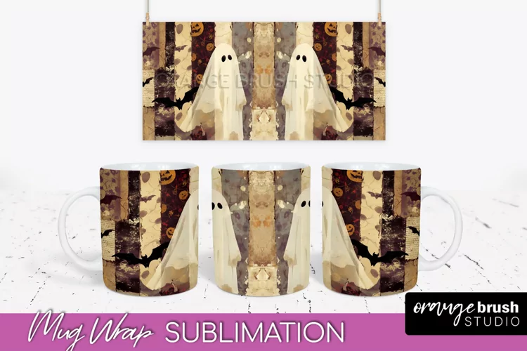 Ghost Mug Wrap - Patchwork Halloween Mug Sublimation