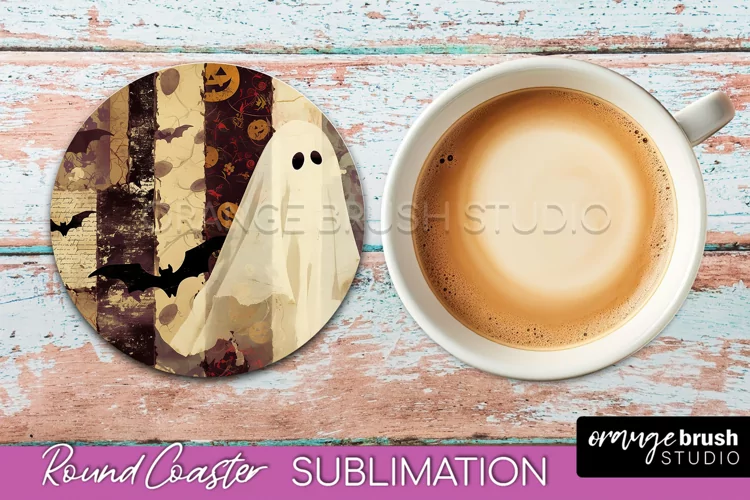 Ghost Coaster, Patchwork Halloween Round Coaster Sublimation