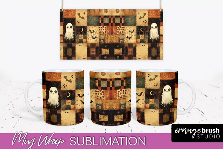 Ghost Mug Wrap - Patchwork Halloween Mug Sublimation
