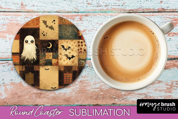 Ghost Coaster, Patchwork Halloween Round Coaster Sublimation