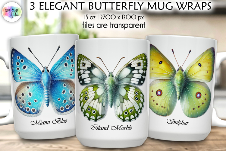 Elegant Butterfly Mug Wrap Sublimation, Botanical Butterfly