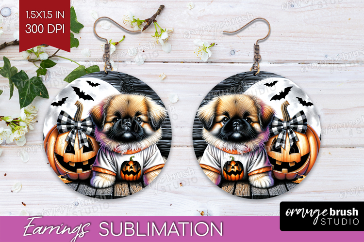 Pekingese Dog Round Earrings Halloween PNG Sublimation