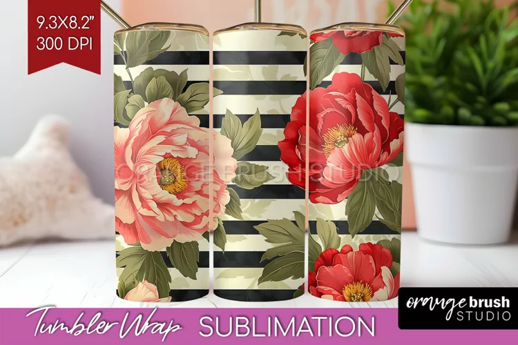 Peony Flowers Tumbler Wrap - Floral Tumbler PNG Sublimation