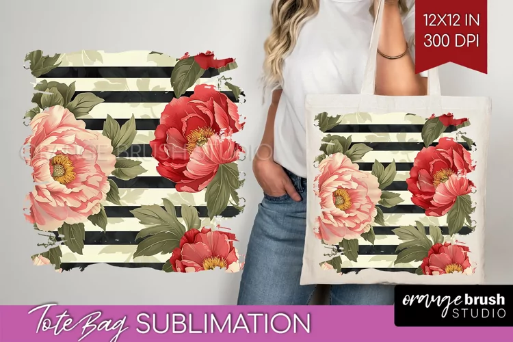 Peony Flowers Tote Bag - Floral Tote Bag PNG Sublimation