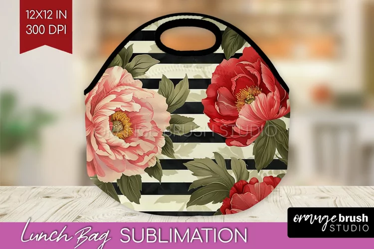 Peony Flowers Lunch Bag - Floral Lunch Bug PNG Sublimation