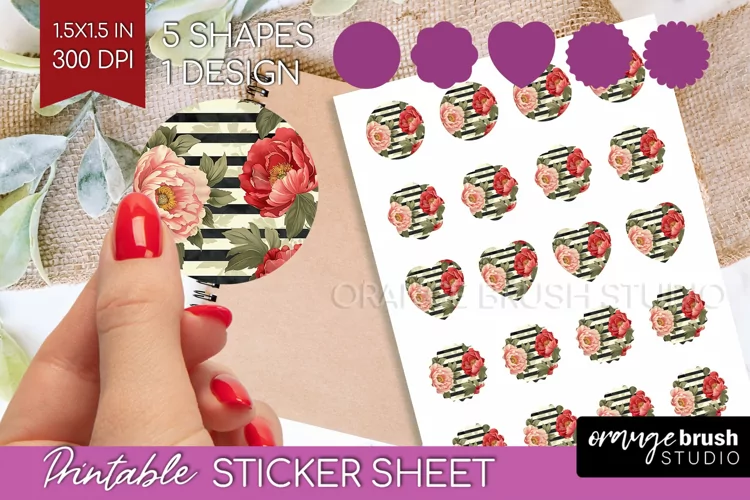 Peony Flowers Round Sticker - Floral Printable Sticker Sheet