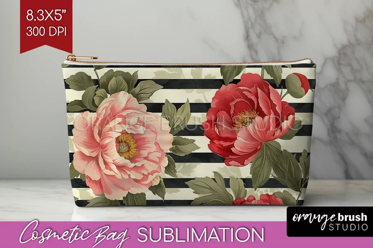 Peony Flowers Cosmetic Bag - Floral Makeup Bag PNG