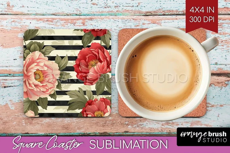 Peony Flowers Square Coaster - Floral Coaster PNG