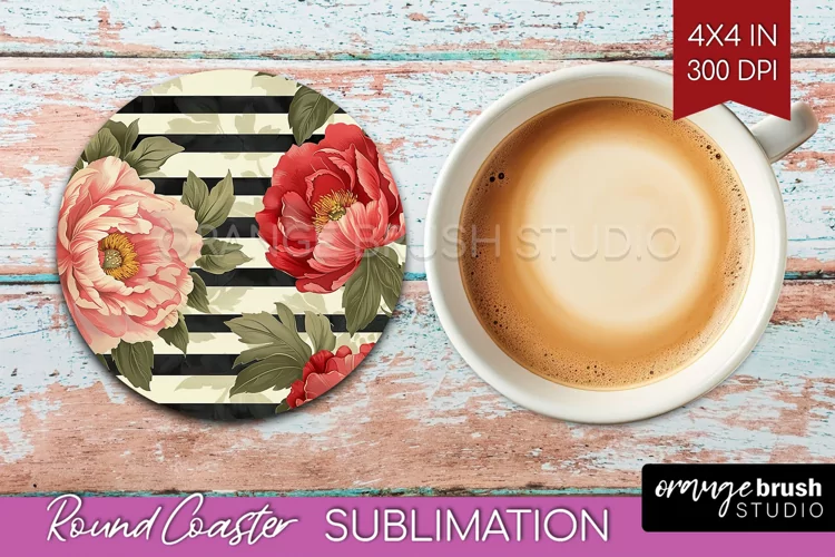 Peony Flowers Round Coaster - Floral Coaster PNG Sublimation