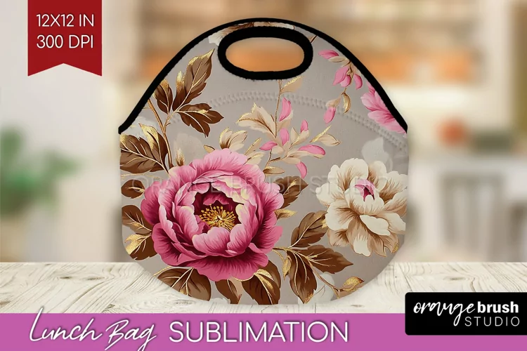Peony Flowers Lunch Bag - Floral Lunch Bug PNG Sublimation