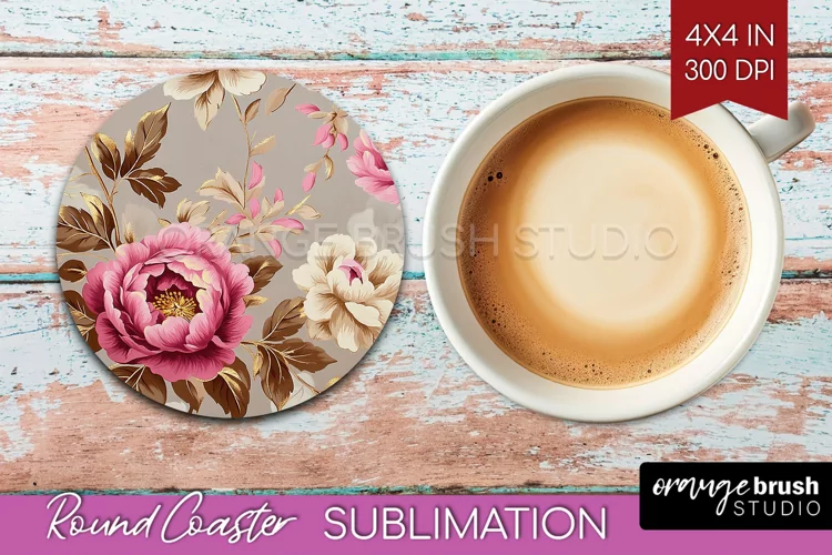 Peony Flowers Round Coaster - Floral Coaster PNG Sublimation