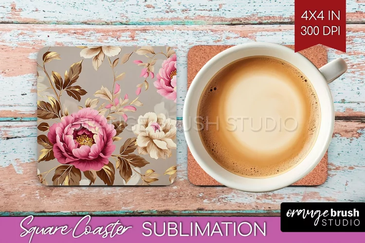 Peony Flowers Square Coaster - Floral Coaster PNG