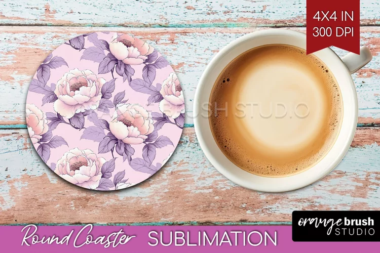 Peony Flowers Round Coaster - Floral Coaster PNG Sublimation