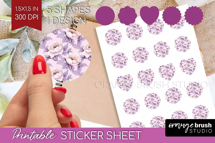 Peony Flowers Round Sticker - Floral Printable Sticker Sheet