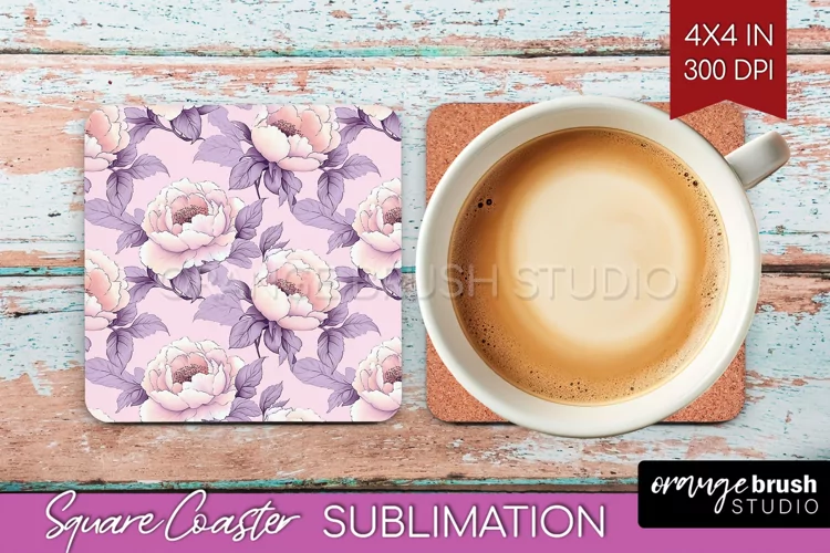 Peony Flowers Square Coaster - Floral Coaster PNG