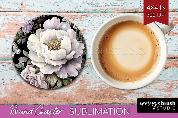 Peony Flowers Round Coaster - Floral Coaster PNG Sublimation