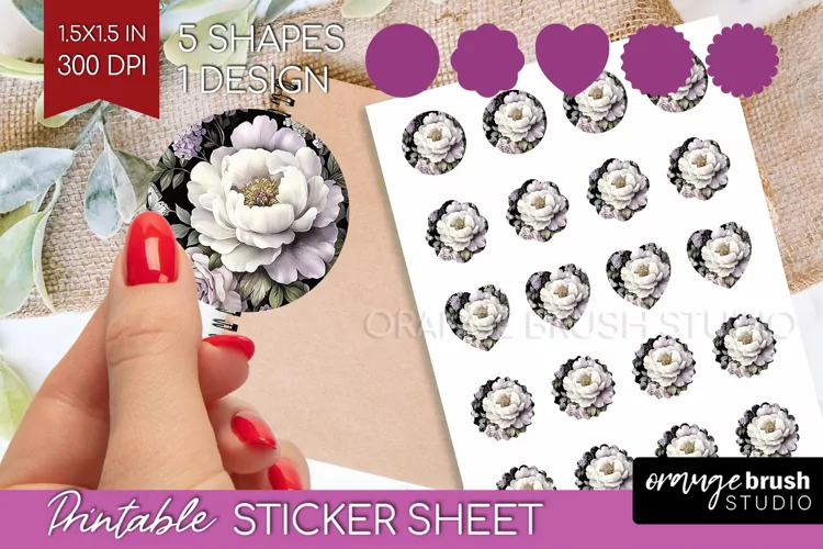 Peony Flowers Round Sticker - Floral Printable Sticker Sheet