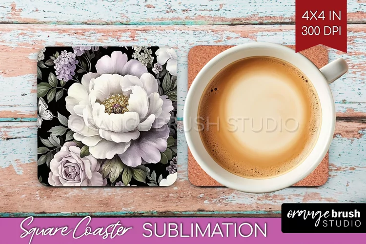 Peony Flowers Square Coaster - Floral Coaster PNG