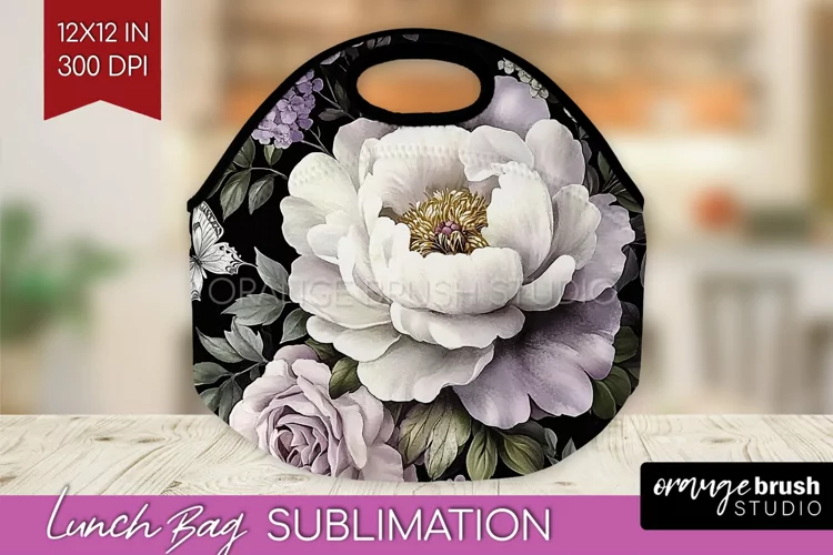 Peony Flowers Lunch Bag - Floral Lunch Bug PNG Sublimation