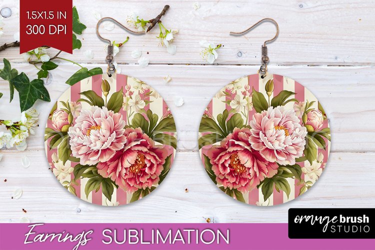 Peony Flowers Round Earrings - Floral PNG Sublimation