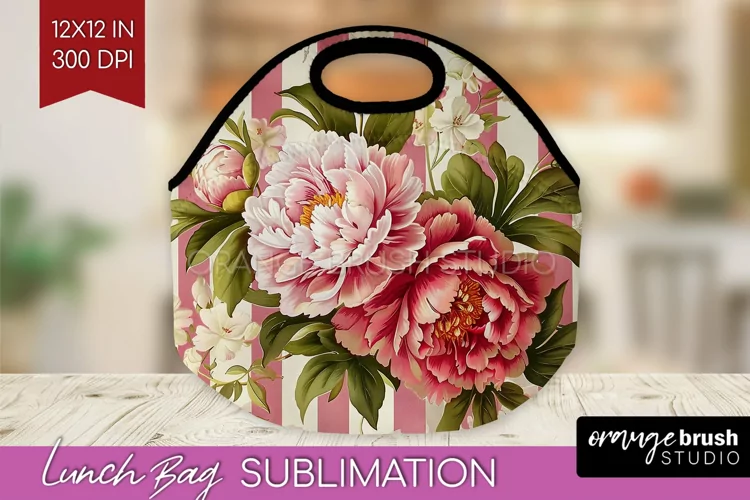 Peony Flowers Lunch Bag - Floral Lunch Bug PNG Sublimation