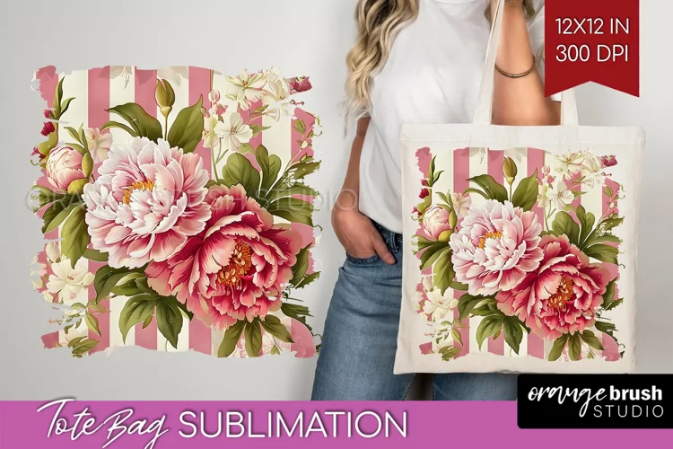 Peony Flowers Tote Bag - Floral Tote Bag PNG Sublimation