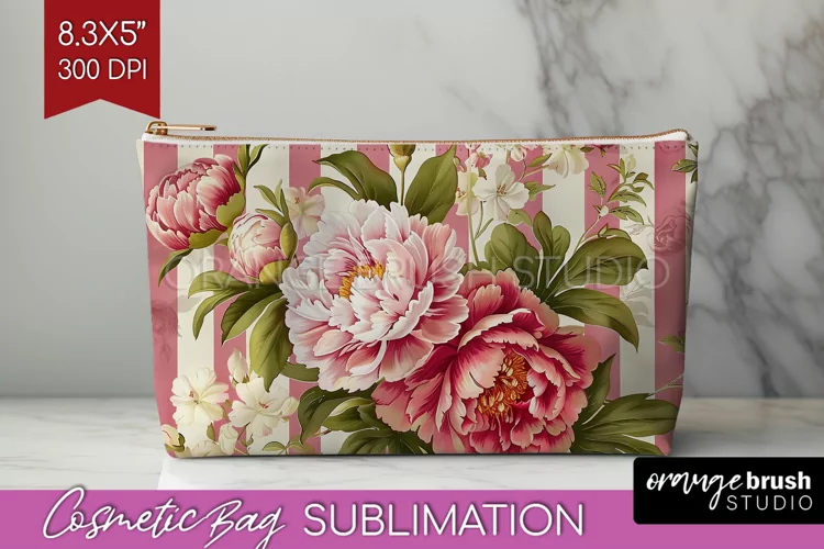 Peony Flowers Cosmetic Bag - Floral Makeup Bag PNG