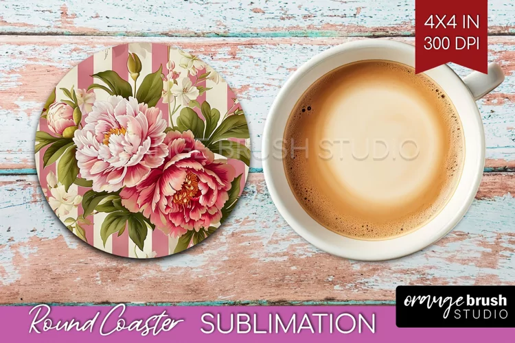 Peony Flowers Round Coaster - Floral Coaster PNG Sublimation