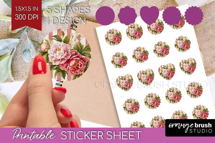 Peony Flowers Round Sticker - Floral Printable Sticker Sheet