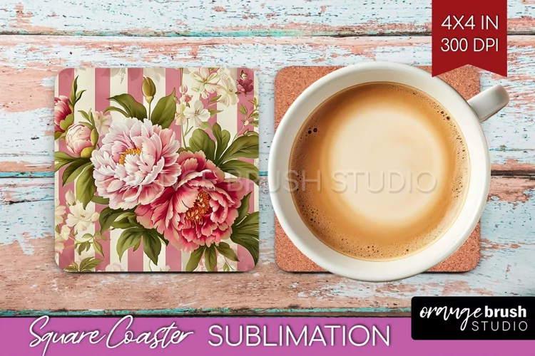 Peony Flowers Square Coaster - Floral Coaster PNG