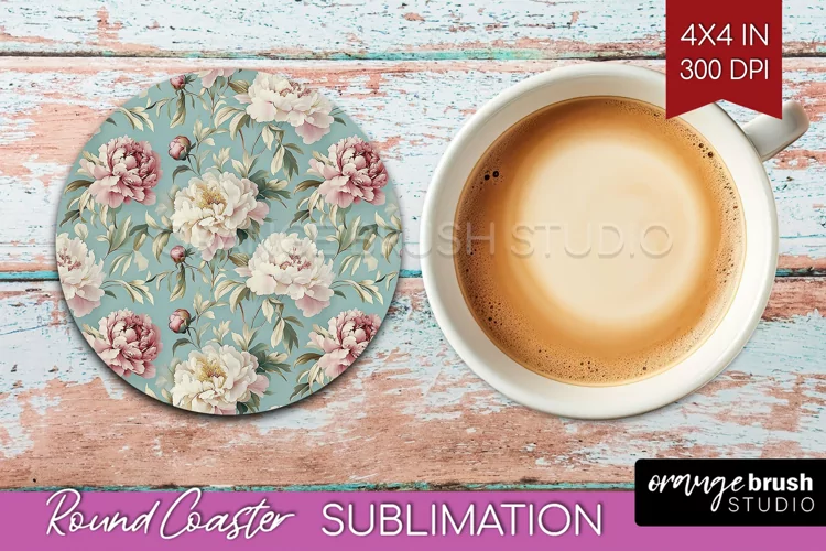 Peony Flowers Round Coaster - Floral Coaster PNG Sublimation