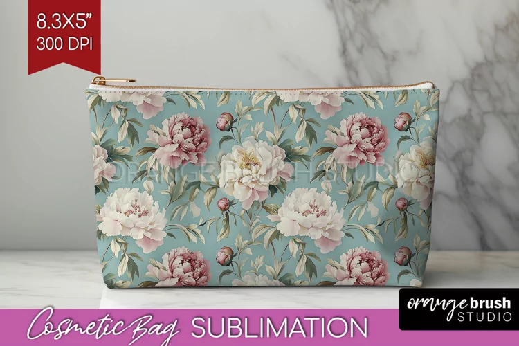 Peony Flowers Cosmetic Bag - Floral Makeup Bag PNG