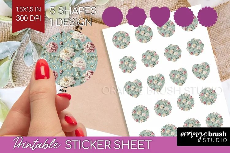 Peony Flowers Round Sticker - Floral Printable Sticker Sheet