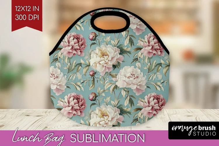 Peony Flowers Lunch Bag - Floral Lunch Bug PNG Sublimation
