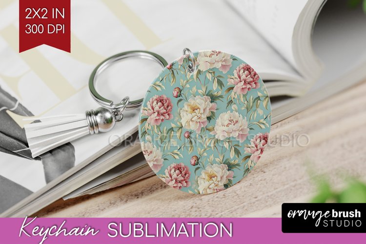 Peony Flowers Keychain PNG - Floral Keychain Sublimation