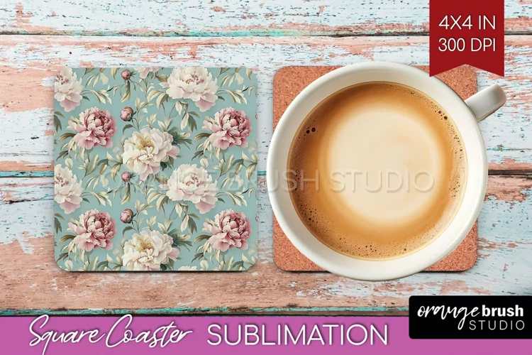 Peony Flowers Square Coaster - Floral Coaster PNG
