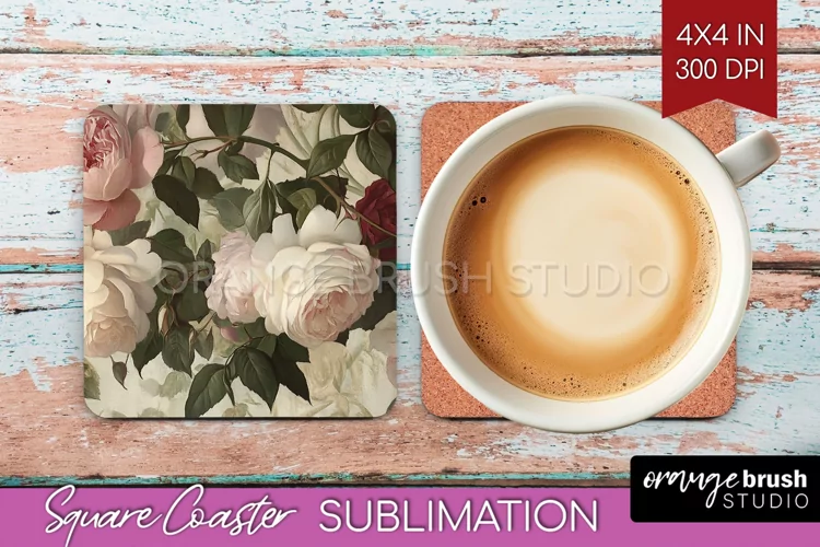 Peony Flowers Square Coaster - Floral Coaster PNG