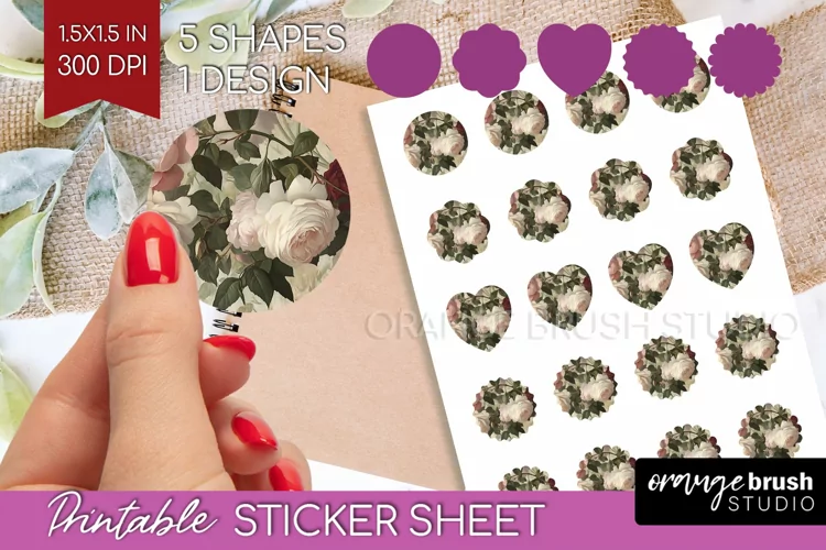 Peony Flowers Round Sticker - Floral Printable Sticker Sheet