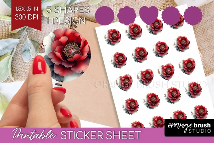 Peony Flowers Round Sticker - Floral Printable Sticker Sheet