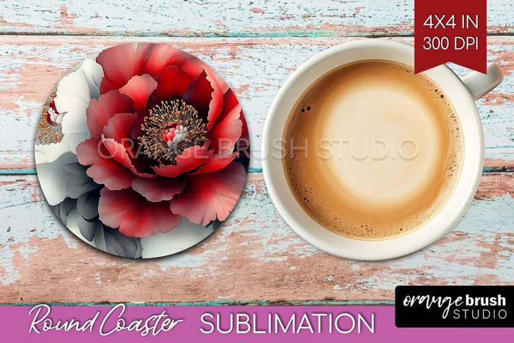 Peony Flowers Round Coaster - Floral Coaster PNG Sublimation