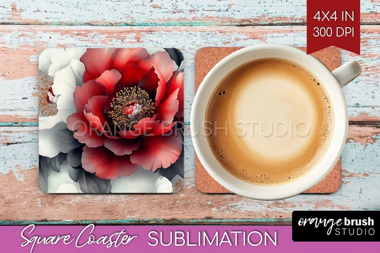 Peony Flowers Square Coaster - Floral Coaster PNG