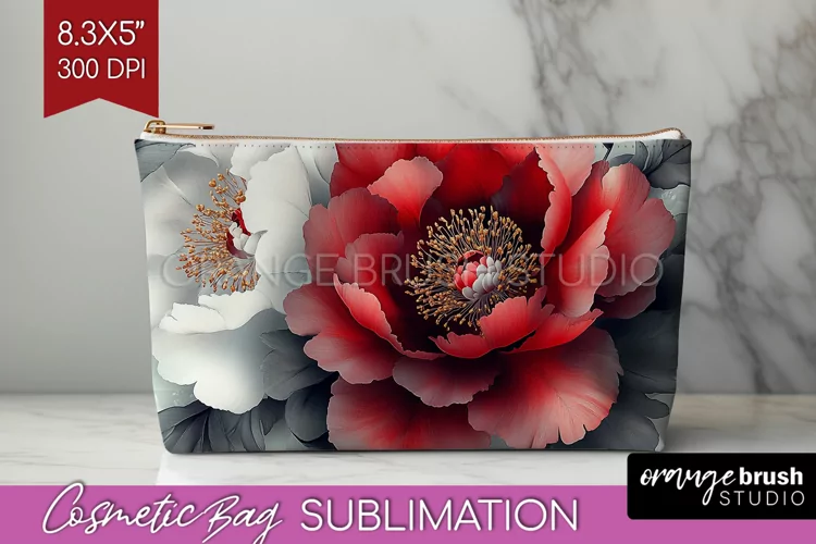 Peony Flowers Cosmetic Bag - Floral Makeup Bag PNG