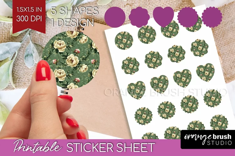 Peony Flowers Round Sticker - Floral Printable Sticker Sheet