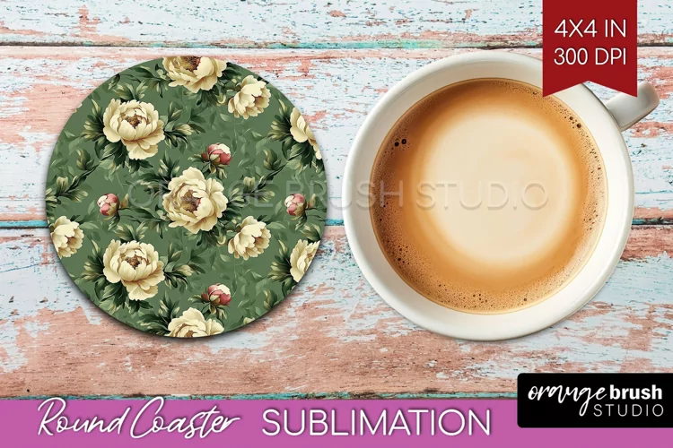Peony Flowers Round Coaster - Floral Coaster PNG Sublimation