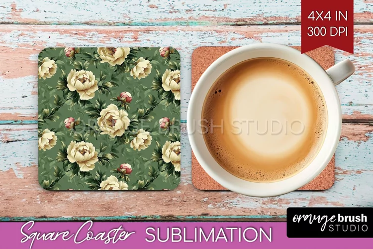 Peony Flowers Square Coaster - Floral Coaster PNG