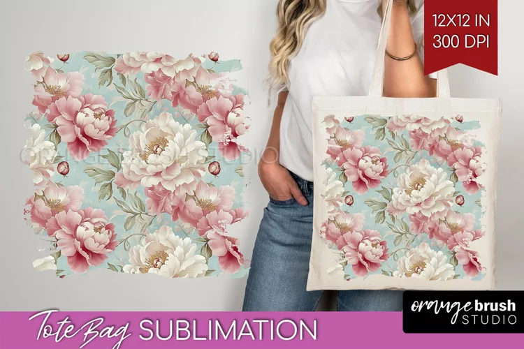 Peony Flowers Tote Bag - Floral Tote Bag PNG Sublimation