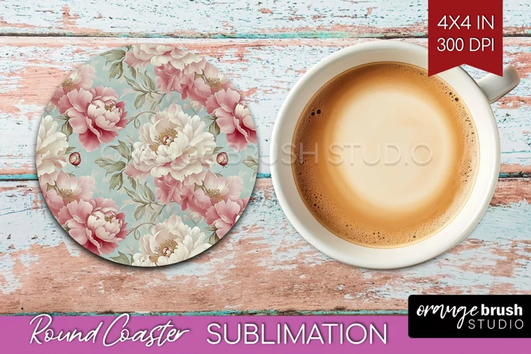 Peony Flowers Round Coaster - Floral Coaster PNG Sublimation